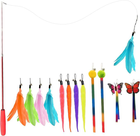 Cat Toys for Indoor Cats, 13 Packs Interactive Cat Wand Toy Set with Feather＆Ribbon Refills, Feather Toys for Exercise, Playtime and Boredom Relief with Kitten