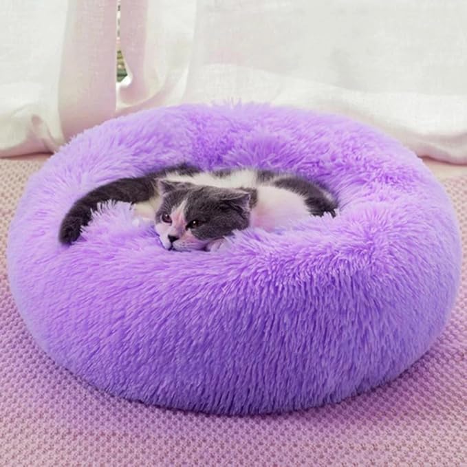 Purrfect Cat Beds - Washable 20 inches, Anti-Anxiety Round Plush Faux Fur, Thick Bottom (Purple, Medium) - Suitable for Indoor Cats & Small/Medium Dogs