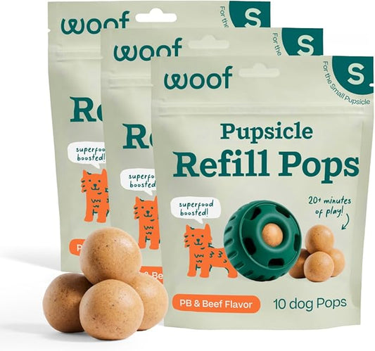 WOOF Pupsicle Refill Pops, Delicious Long Lasting Dog Treats, Pre-Made Pupsicle Refills for Dogs, Wholesome Ingredients, Low-Mess Beef Pet Treats - Small Pops - 10 Count - 3 Pack
