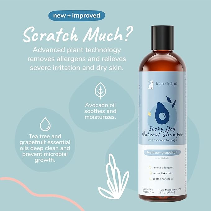 kin+kind Organic Dog Shampoo Itchy Skin Relief – Natural Dog Shampoo for Dry, Sensitive Skin – Moisturizing Formula with Coconut Oil, Olive Oil & Tea Tree – Grooming Supplies – Made in USA (12 fl oz)