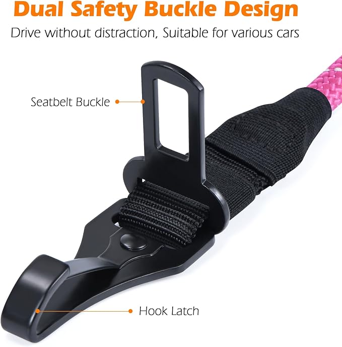 PetBonus Dog Seat Belt for Car, Durable Rope Dog Car Harness Seatbelt for Vehicle, Pet Tether Safety Restraint with Heavy Duty Buckle Hook Latch Lockable Clip for Small Medium Large Breeds (Pink)