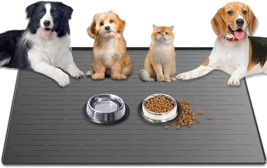1.5MM Super Thick Dog Food Mat, 48"x32" Silicone Dog and Cat Mats for Food and Water Bowls, Waterproof Pet Feeding Mat for Contain Spills Protects Floors, Multiple Colors & Sizes for Pets, Dark Gray