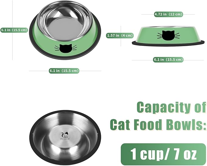 2 Pcs Non-Slip Stainless Steel Small Cat Food Bowls - Unbreakable, Thicken 7 Oz Cat Dishes - Indoor, Removable Rubber Base, Easily Clean, Lovely Color