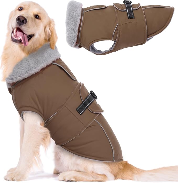 Lelepet Warm Dog Coats for Large Dogs Waterproof Dog Jacket Reflective Pet Fleece Vest Windproof Cold Weather Coats with Adjustable Buckle & Leash Hole, Brown, XL