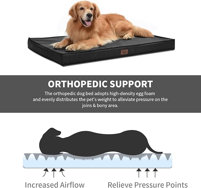 Outdoor Orthopedic Dog Bed, Waterproof Dog Bed for Large Dogs 36x27 Inch, Egg Crate Foam Pet Mat with Washable Removable Oxford Cooling Cover, Black