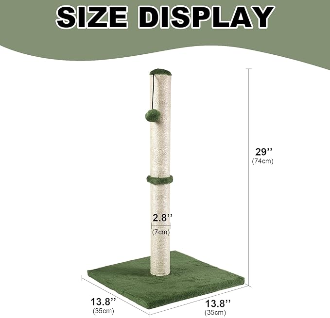 Dimaka Tall Cat Scratching Post, Claw Scratcher with Sisal Rope and Covered with Soft Smooth Plush, Vertical Scratch [Full Strectch] for Standard Size Cats (Green, 29 inches for All Cats)