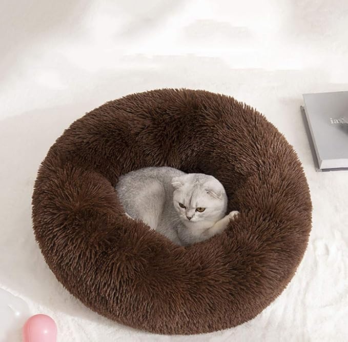 BODISEINT Modern Soft Plush Round Pet Bed for Cats or Small Dogs, Mini Medium Sized Dog Cat Bed Self Warming Autumn Winter Indoor Snooze Sleeping Cozy Kitty Teddy Kennel (20'' D x 8'' H, Chocolate)