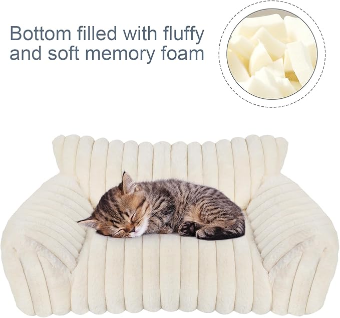Cute Cat Couch Bed for Indoor Cats, Fluffy Pet Cat Sofa with Premium Soft Corduroy Fleece, Cute Small Dog Beds for Small Dogs, Fuzzy Puppy Chair with Removable Washable Cover (30x20x10,Cream)