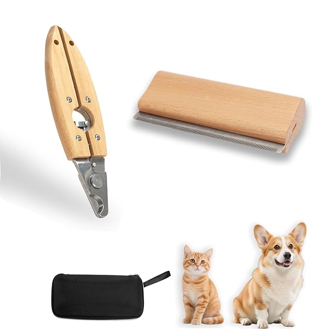 Natural Wooden Pet Grooming Kit 2-in-1 Dog Deshedding Tool and Cat Nail Clipper Gentle & Painless Fur Brush and Secure Paw Nail Trimmer for Small Medium Large Pets (Includes storage box)