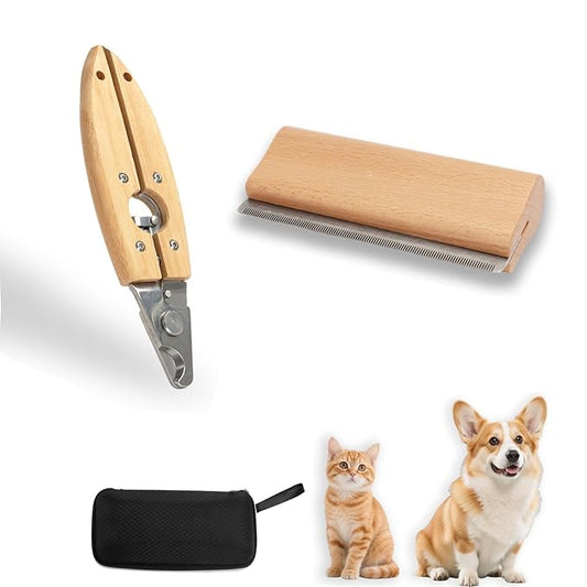 Natural Wooden Pet Grooming Kit 2-in-1 Dog Deshedding Tool and Cat Nail Clipper Gentle & Painless Fur Brush and Secure Paw Nail Trimmer for Small Medium Large Pets (Includes storage box)