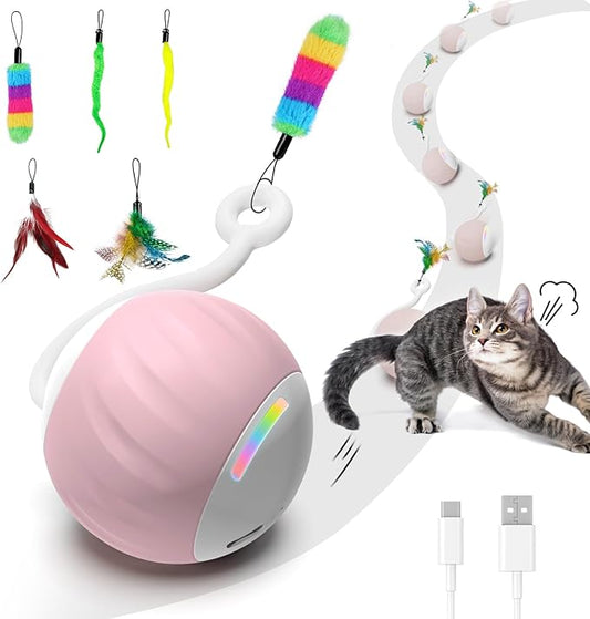 Interactive Cat Toy for Indoor (Sounds&Touch Control) Smart Cat Toys - Automatic Moving Cat Ball Toy - Fast Slow 2Speed with Feathers Tail&Lights for Kittens, Older Cats, Bored Cats, USB Rechargeable