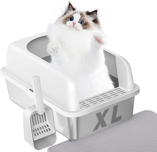 Prodigen Extra Large Stainless Steel Cat Litter Box with Lid High Wall Sides Enclosure, Non-Sticky, Anti-Leakage, Easy Cleaning，with Cat Mat & Metal Scoop, 24" L x 16" W x 12" H