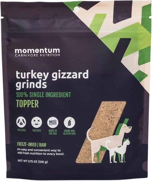 Momentum Carnivore Nutrition Freeze-Dried Turkey Gizzard Pet Food Topper – Single-Ingredient, All-Natural Topper – High-Protein for Dogs and Cats, Grain-Free and Made in The USA– (3.75 oz Bag)
