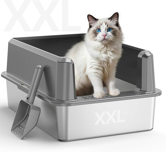 Enclosed Stainless Steel Cat Litter Box with Lid, XL Extra Large Litter Box for Big Cats, Metal Litter Pan High Sided, Never Absorbs Odors, Anti-Urine Leakage, Include Scoop (65-LightGray)