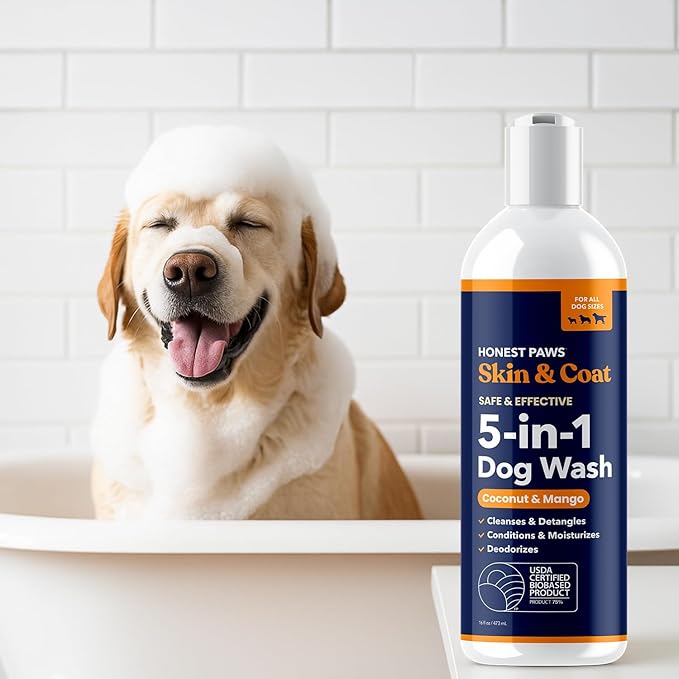 Honest Paws Dog Shampoo and Conditioner - Premium Dog Wash for Allergies and Dry, Itchy, Moisturizing for Sensitive Skin - Sulfate Free, Plant Based, All Natural - Coconut & Mango -16 Fl Oz