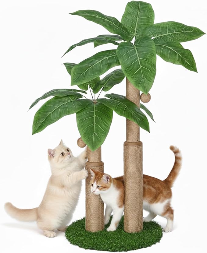 29.7inch Cat Scratching Post,Cat Scratcher Cat Tree with 2 Sisal Scratching Poles & 2 Interactive Dangling Balls,Cats Scratching Posts for Indoor Kitten & Adult Cats (2 Posts Banana Tree)
