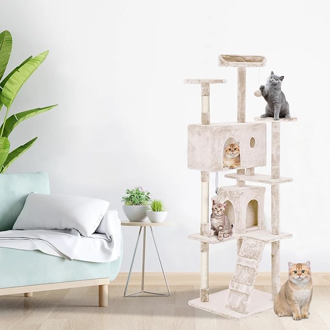 PayLessHere Cat Tree 70in Cat Tower with Cat Scratching Post,Multi-Level Cat Condo Stand House Furniture Kitty Activity Center with Furry Ball Toys Cat Tree for Indoor Cats.Beige
