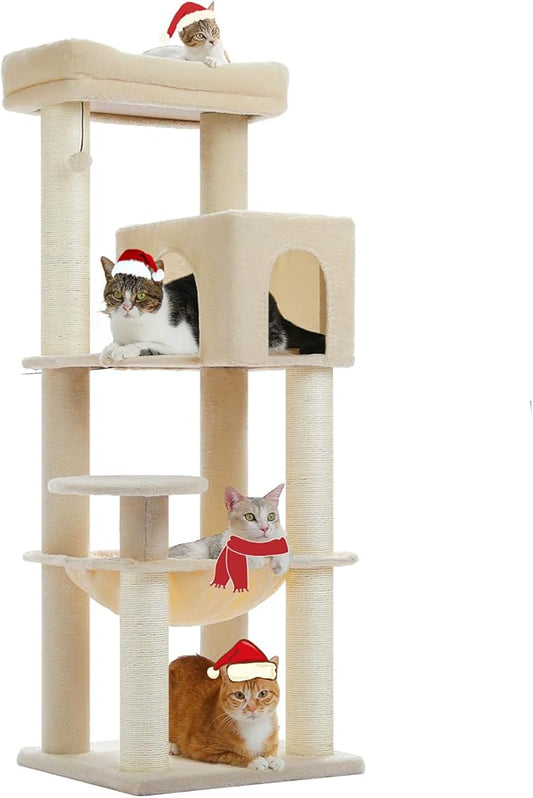 Large Cat Tree for Indoor Cats Large Adult, 57.8" Heavy Duty Cat Tower with Reinforced Scratching Posts (φ3.7in) and Plush Larger Hammock for Maine Coon & Big Cats, Supports 30lbs, Beige