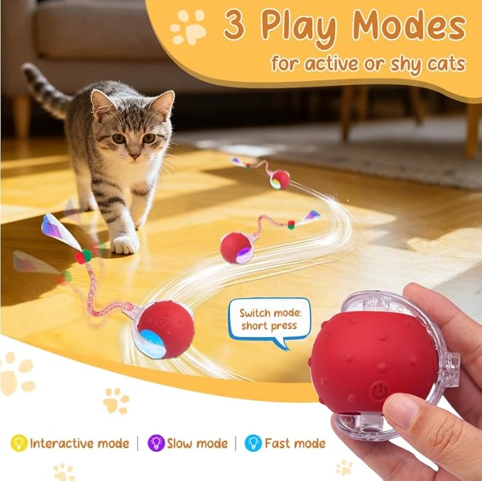 Interactive Cat Ball Toy, Chirping Motion Activated Electric Rechargeable Cat Toy with 2 Replaceable Tails, Self Play Hunting Rolling Indoor Cat Toys for Bored Adult Cats & Kittens - Boredom Busters