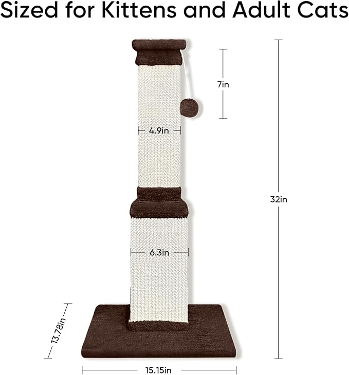 AGYM 32 Inch Tall Cat Scratching Post for Large Cats, Cat Scratcher for Indoor Cats Adults, Sturdy Sisal Scratch Post to Protect Furniture, Brown