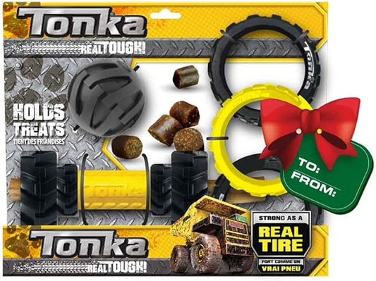 Tonka Three Dog Toy Gift Set - 3in Mega Ball, 7in Axle Tread with Insert Feeder, and 10.5in Rubber Flex Tread 3-Ring Tug - Yellow/Black