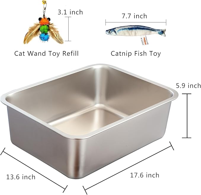 2-Pack Stainless Steel Cat Litter Boxes, Includes Catnip Fish Toy & Wand Feather Toy Refill, Easy to Clean, Pet Toilet Supplies for Kitten, Kitty, Rabbit, Metal Litter Pans for Multi-Cat Homes