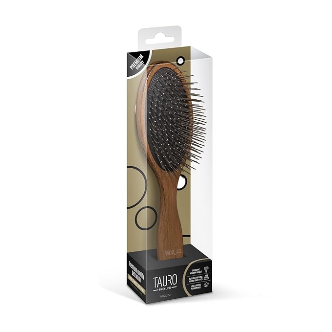 Tauro Pro Line Wooden Dog Brush for Long & Short Hair - Deshedding & Detangling Brown Massage Brush for Dog & Cat Grooming - Oval Flexible Cushion & Lightweight, Ideal for All Coat Types, S