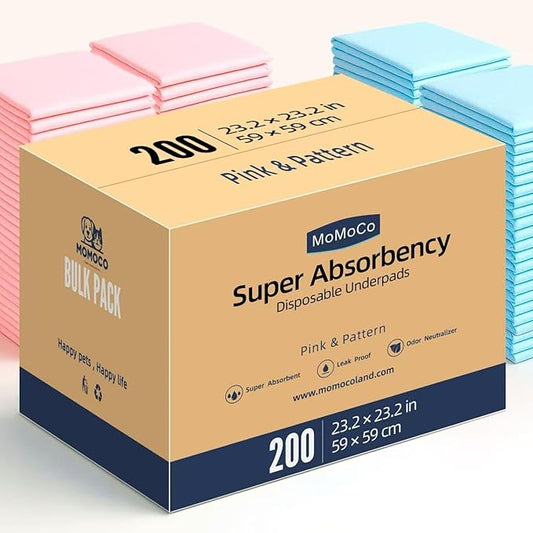 MoMoCo Value Pack Puppy Training Pads 23"x23", 200 Count (Pattern100 + Pink100) – Leak-Proof & Super Absorbent Potty Pads for Small Dogs, Cats & Rabbits