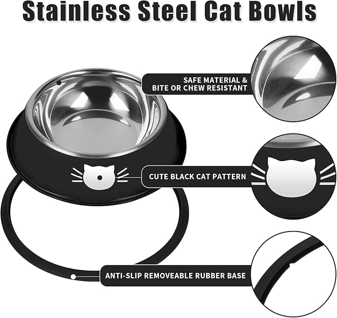 2 Pcs Non-Slip Stainless Steel Small Cat Food Bowls - Unbreakable, Thicken 7 Oz Cat Dishes - Indoor, Removable Rubber Base, Easily Clean, Lovely Color