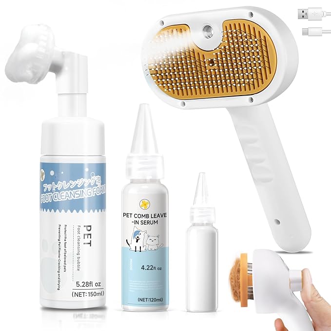 Pet Steam Brush Dog Cat Grooming Comb Shedding, Floating Hair, Smooth & Detangling, Gentle Cool Mist Softens Hair Reduces Static Helps Pets Who Dislike Bathing,Includes Shampoo and paw cleaning foam