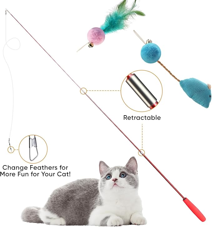 Cat Toys for Indoor Cats, 11 Packs Interactive Cat Wand Toy Set with Feather Toys&Ribbon Refills,Retractable Cat Wand with Bell Refills for Kittens Play and Exercise