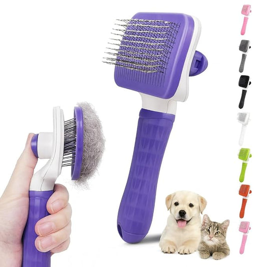 Pet Grooming Brush for Cats & Dogs, Self-Cleaning Undercoat Deshedding & Massage Tool, Purple