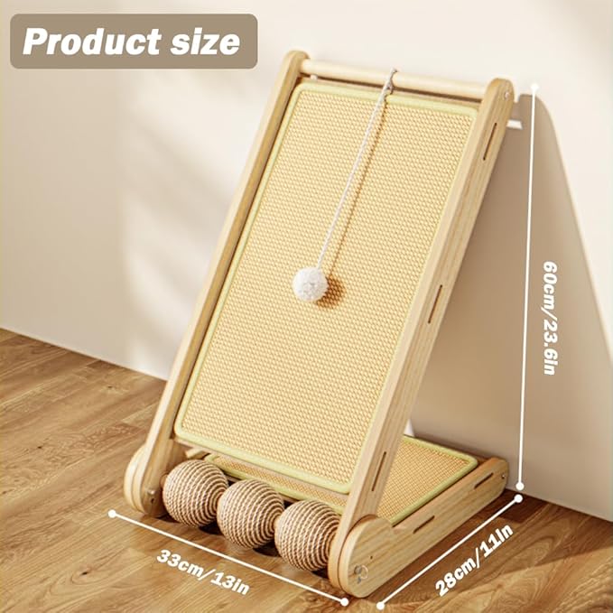 L Shaped Cat Scratching Post with Ball Toys, Sisal & Wooden Base Cat Scratcher Ramp for Indoor Cats, 23.6" Tall Durable Cat Scratch Pad for Wall and Couch Protection (Natural)
