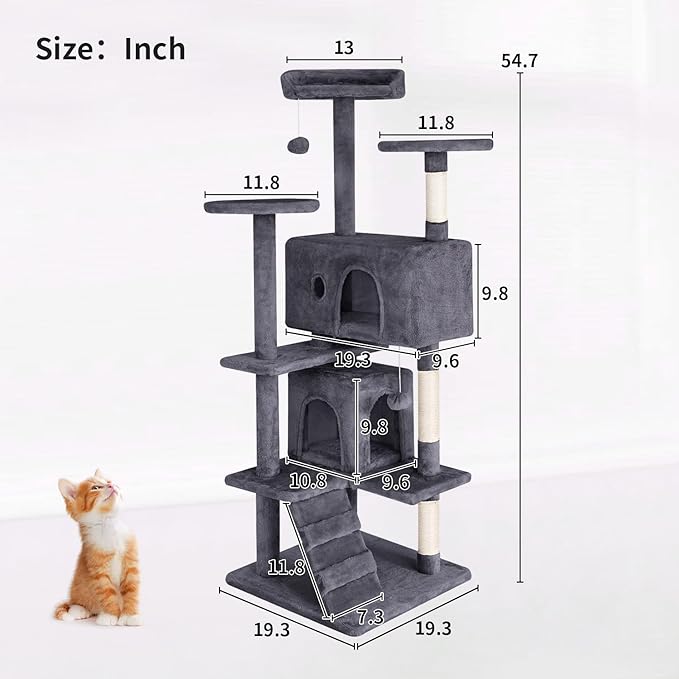 PayLessHere Cat Tree 54in Cat Tower with Cat Scratching Post,Multi-Level Cat Condo Stand House Furniture Kitty Activity Center with Furry Ball Toys Cat Tree for Indoor Cats (54in, Ashy)