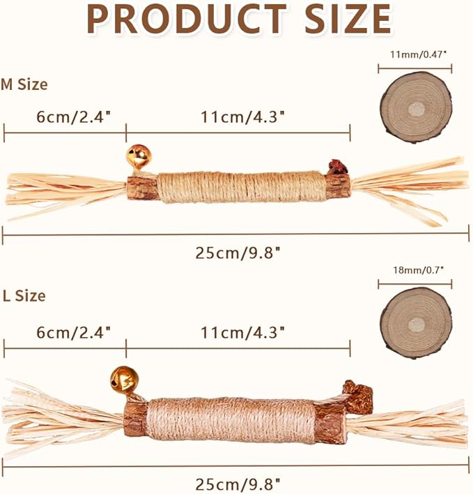 Natural Dried Matatabi Cat Chew Stick with Gall Fruit, Raffia Grass & Bell Ball Toys for Cat, Silvervine Sticks Interactive Catnip Toy for Teething & Entertainment(Size L Color G)