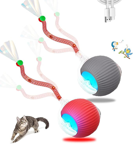 2PCS Interactive Cat Toys for Indoor Cats,New Generation Interactive Cat Ball Toy with Elastic Mesh Tail,Automatic Cat/Kitten Toys with Chirping & Motion Activate,Cat Toys for Bored Indoor,Red & Gray