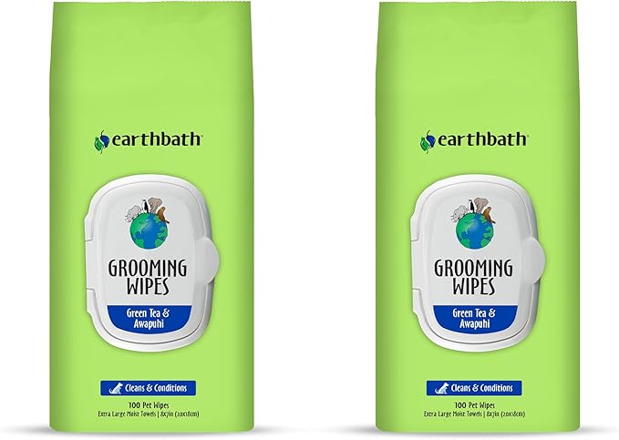 earthbath, Green Tea & Awapuhi Grooming Wipes - Dog Wipes for Paws and Butt, Best Pet Wipes for Dogs & Cats, Made in USA, Cruelty-Free Dog Cleaning Wipes, Removes Dirt & Dander - 100 Count (2 Pack)