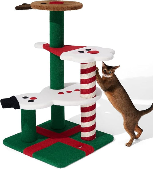 VETRESKA Christmas Cat Tree for Indoor Cats, 38.6" Multi Level Soft-Touch Cat Tower with Scratching Post, Large Scratching Post, Santa Claus, Reindeer and Snowman