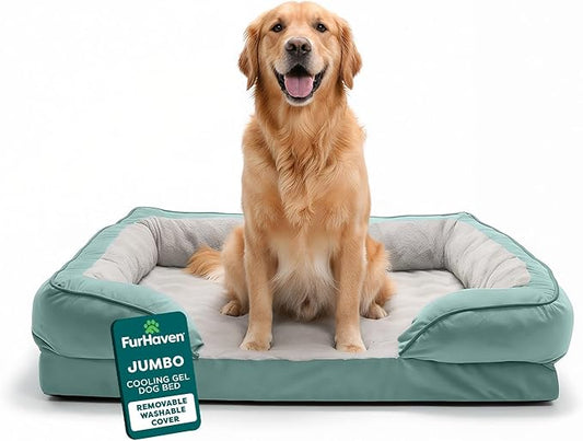 FurHaven Cooling Gel Dog Bed for Large Dogs, Comfort Sofa Bed with Cool Gel-Top Foam and a Solid Orthopedic Foam Base for Joint Support, Washable Cover, Jumbo XL, Plush & Velvet, Celadon Green
