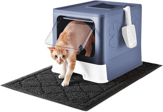 Cat Litter Box with X-Large Litter Mat and Scoop, Large Foldable Litter Box with Lid, Enclosed Kitty Box,Front Top Entry Exit, Odor Control Easy to Clean (Upgrade Midnight)