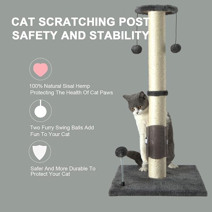 PEEKAB 32" Tall Cat Scratching Post Sisal Scratch Posts with Hanging Ball and Self-Massage Brush Vertical Scratcher for Indoor Cats and Kittens Gray 32inches