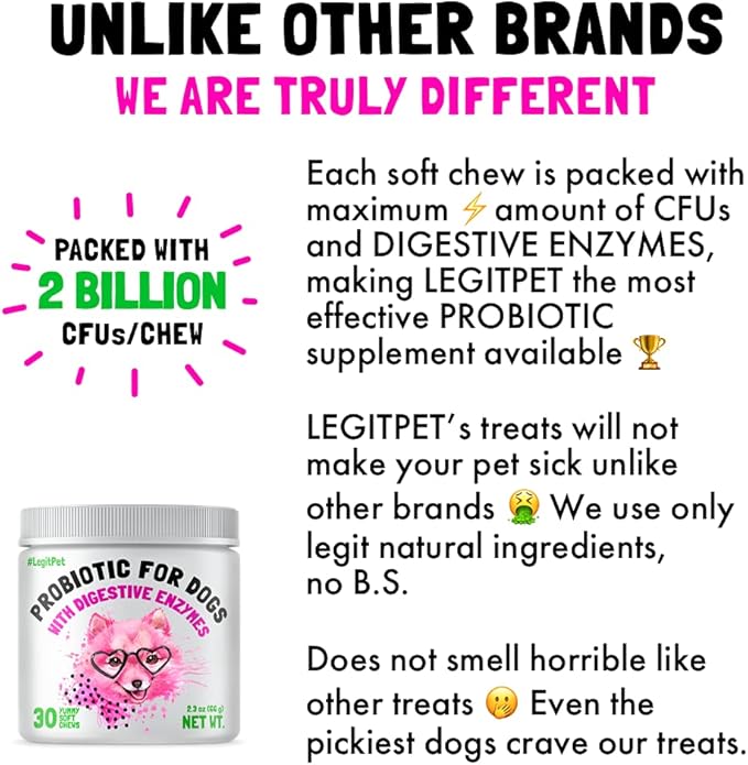Probiotics for Dogs Natural Digestive Enzymes Prebiotics for Allergy Itch Relief Gut Flora Coprophagia Bowel Support Treatment Anti Diarrhea for Dogs Pet Health Immune System Support 30 Soft Chews
