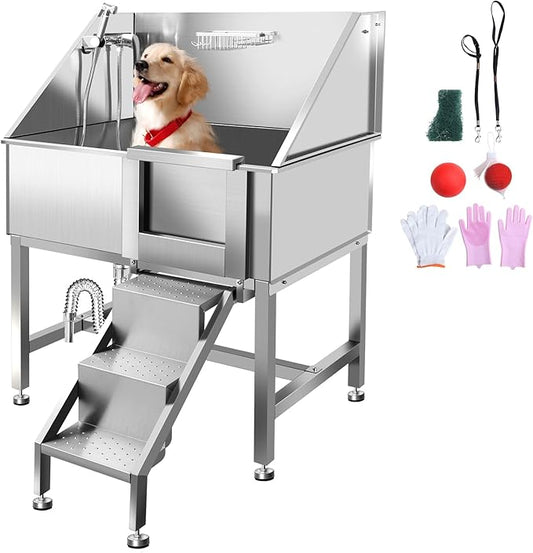 38" Stainless Steel Dog Washing Stations for Large Dogs, Pet Grooming Tub for Home, Professional Pet Bathtub Bathing Station, Pet Wash Station, Dog Shower Tub with Stairs, Drain & Door,R-Door