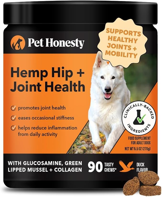 Hemp Hip & Joint Supplement for Dogs - Hemp Oil & Powder - Glucosamine Chondroitin for Dogs, Turmeric, MSM, Green-Lipped Mussel, Supports Mobility, May Reduce Discomfort (Duck)