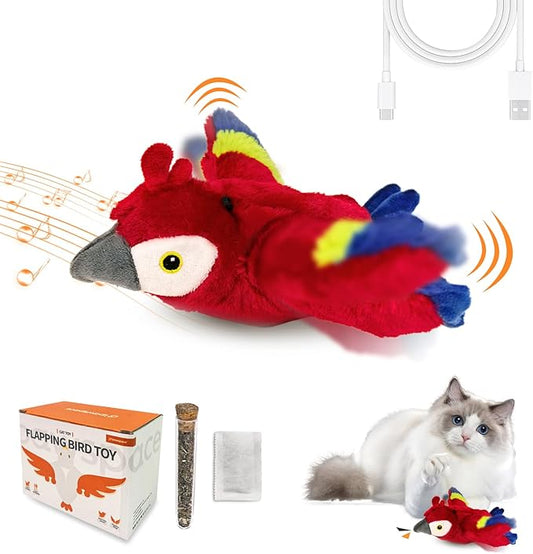 Interactive Flapping Bird Cat Toy with Catnip, Touch Activated Rechargeable, Musical Sound (can Turn Off), Satisfy Cat's Natural Huting Instinct, Soft Plush Washable Cover (Red)
