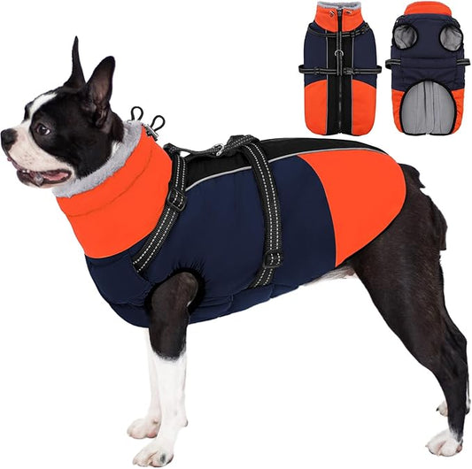 AOFITEE Small Dog Coat, Waterproof Dog Winter Jacket with Harness Built in, Warm Fleece Lined Dogs Jacket for Cold Weather, Reflective Pet Snow Jackets with Zipper for Yorkshire, Schnauzer,Blue S