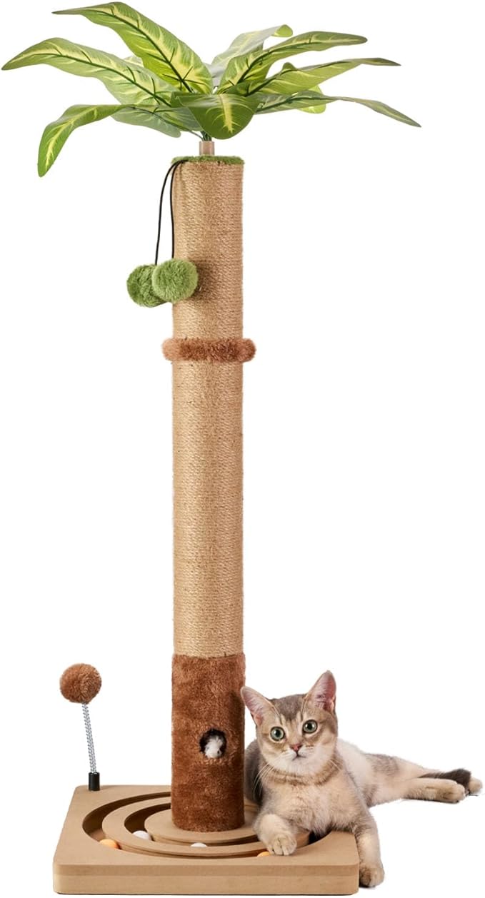 MECOOL 35in Tall Cat Scratching Post Sturdy and Premium Scratch Posts with Hanging Ball and Ball Track Cute Cat Tree for Indoor Cats
