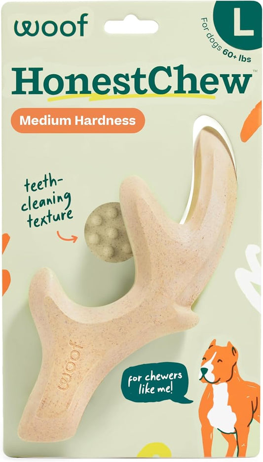 WOOF HonestChew Dog Toy Antler - Durable Dog Chews - Made with Natural, Plant-Based Ingredients - Splinter-Resistant - Great for German Shepherds and Pit Bulls - Large