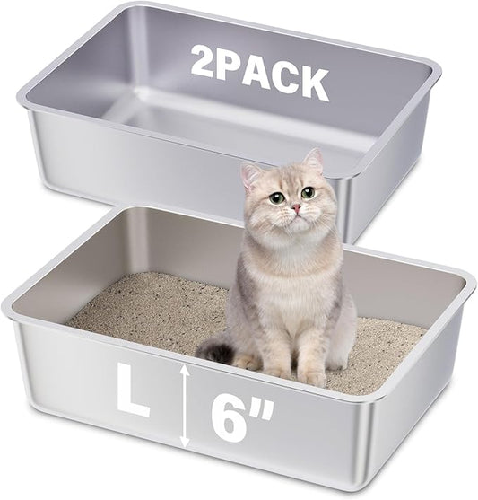 Stainless Steel Litter Box 2 Pack,19.7"x13.7"x6" Large Metal Litter Box for Kitty/Cat/Rabbits, Easy to Clean, Non Stick Litterbox No Smell for Adult Cats