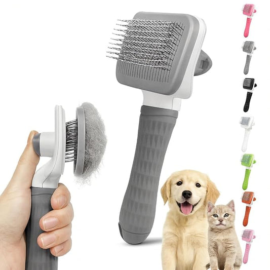 Generic Pet Grooming Brush, Gray - Self Cleaning Dematting Comb for Cats and Dogs, Bristles with Massage Particles, Ergonomic Handle Design, Easy to Use, for Long or Short Hair Breeds, Stainless Steel